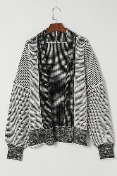 Grey Plaid Contrast Trim Open Front Cardigan-Tops-MomFashion