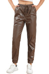 Brown Leather Tie Waist Jogger Pants-Bottoms-MomFashion