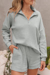 Gray Ribbed Zipper Sweatshirt and High Waist Shorts Set-Loungewear-MomFashion