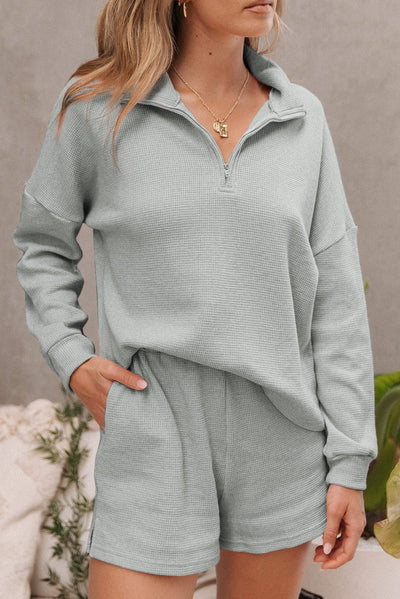 Gray Ribbed Zipper Sweatshirt and High Waist Shorts Set-Loungewear-MomFashion