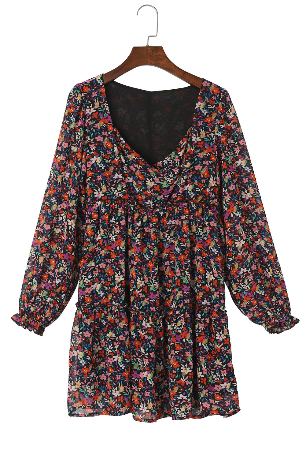Wrapped V Neckline Long Sleeve Floral Dress-Dresses-MomFashion