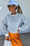 Blue Stripe Drop Shoulder Crew Neck Loose Sweatshirt-Tops/Sweatshirts & Hoodies-MomFashion