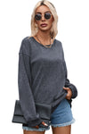 Gray Solid Ribbed Knit Round Neck Pullover Sweatshirt-Tops-MomFashion