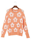 Grapefruit Orange Fuzzy Floral Knitted Drop Shoulder Sweater-Tops-MomFashion