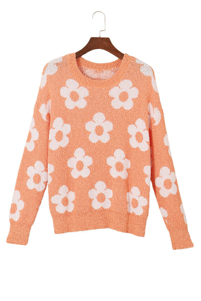 Grapefruit Orange Fuzzy Floral Knitted Drop Shoulder Sweater-Tops-MomFashion