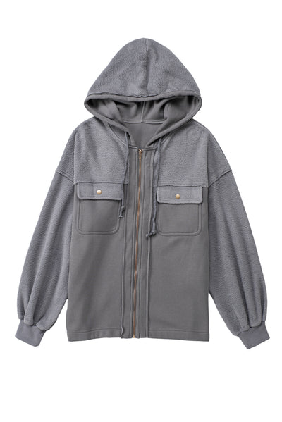 Gray Flap Pocket Drawstring Hood Zip Up Jacket-Outerwear-MomFashion