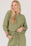 Laurel Green Waffle Knit Long Sleeve Top Drawstring Joggers Set-Loungewear-MomFashion