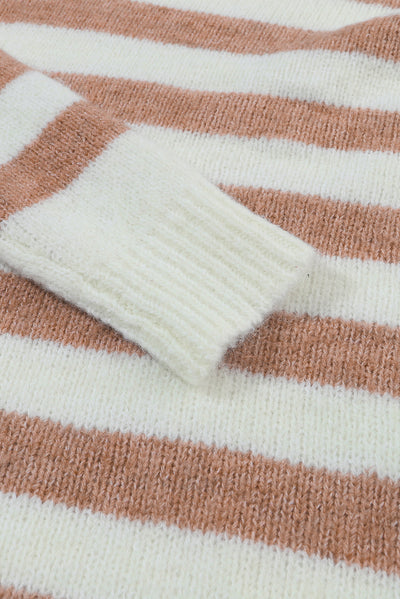 Brown Striped Round Neck Casual Sweater-Tops-MomFashion