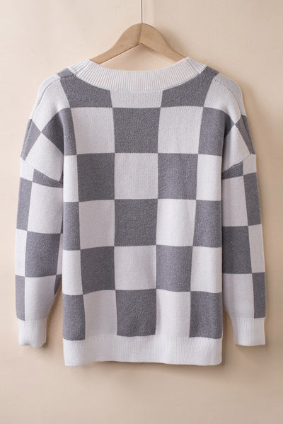 Gray Contrast Checkered Print Button Up Sweater Cardigan-Tops-MomFashion