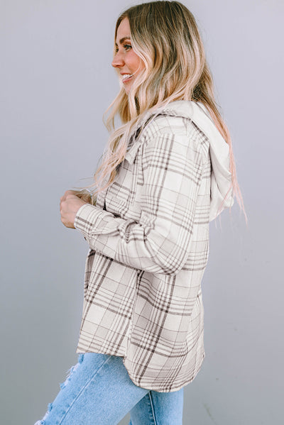 Khaki Plaid Removable Hood Buttoned Shacket-Outerwear-MomFashion