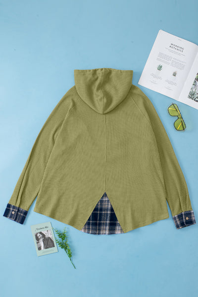 Green Flowy Plaid Accent Waffle Knit Henley Hoodie-Tops-MomFashion