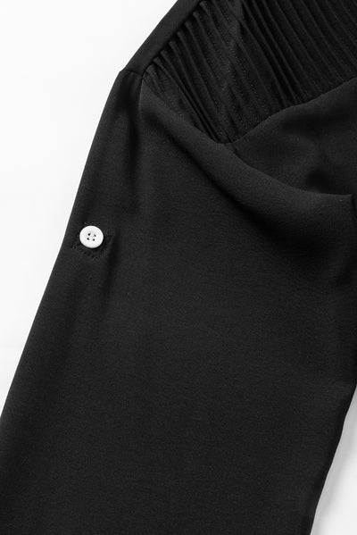 Black Roll Up Sleeve Stitching Detail Blouse-Tops-MomFashion