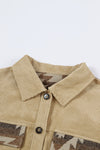 Khaki Aztec Print Patchwork Frayed Edge Corduroy Jacket-Outerwear-MomFashion