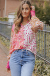 Pink Mixed Floral Printed Puff Sleeve V-Neck Shirt-Tops-MomFashion