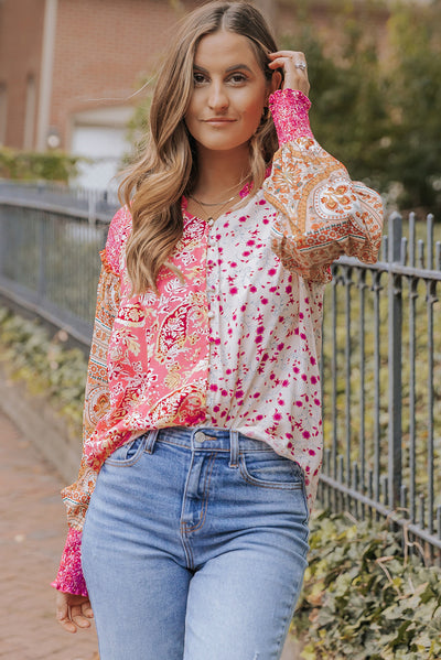 Pink Mixed Floral Printed Puff Sleeve V-Neck Shirt-Tops-MomFashion