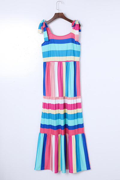 Multicolor Color Block Striped Bow Knot Straps Maxi Dress-Dresses-MomFashion