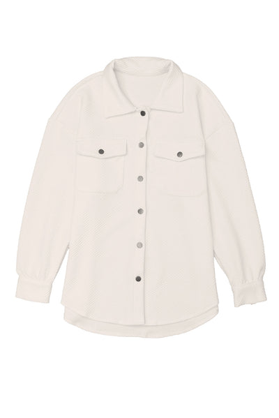 Solid Textured Flap Pocket Buttoned Shacket-Outerwear-MomFashion