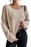 Beige Lettuce Cuffs Drop Shoulder Loose Ribbed Knit Top-Tops-MomFashion