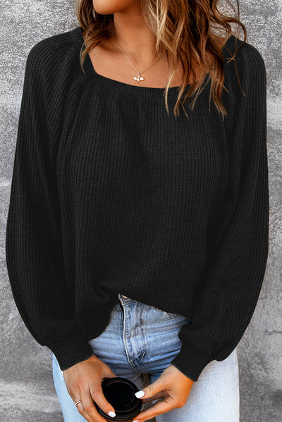 Black Scoop Neck Puff Sleeve Waffle Knit Top-Tops-MomFashion