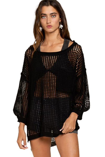 Black Fishnet Hollow-out Long Sleeve Beach Cover up-Swimwear-MomFashion