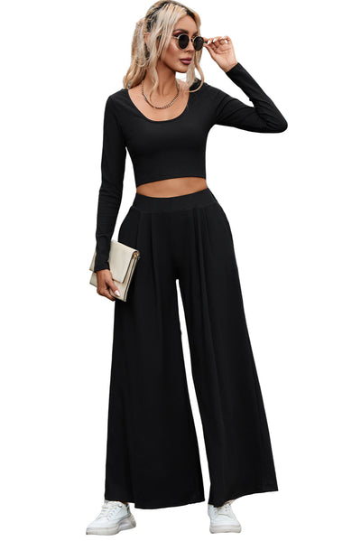 Black Solid Color Ribbed Crop Top Long Pants Set-Loungewear-MomFashion