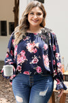 Navy Blue Plus Size Crochet Detail Cold shoulder Floral Blouse-Plus Size-MomFashion