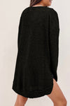 Black Waffle Knit High Slits Oversized Top-Tops-MomFashion