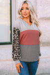 Fiery Red Wild Leopard Contrast Sleeve Colorblock Waffle Knit Top-Tops-MomFashion