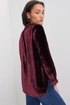 Burgundy Frilled Neck Buttoned Front Velvet Top-Tops-MomFashion