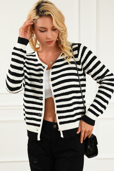 Black Contrast Striped Print Cardigan-Tops-MomFashion