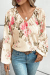 Beige Floral Print Lantern Sleeve V-Neck Blouse-Tops-MomFashion