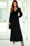 Black Cutout Back Belted V Neck Wide Leg Jumpsuit-Bottoms-MomFashion