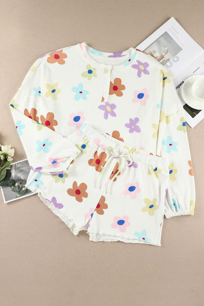 White Floral Long Sleeve Henley Top and Drawstring Shorts Set-Loungewear-MomFashion