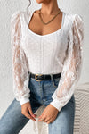 White Frenchy Contrast Lace Bishop Sleeve Bodysuit-Tops-MomFashion