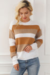 Chestnut Striped Cable Knit Drop Shoulder Sweater-Tops-MomFashion