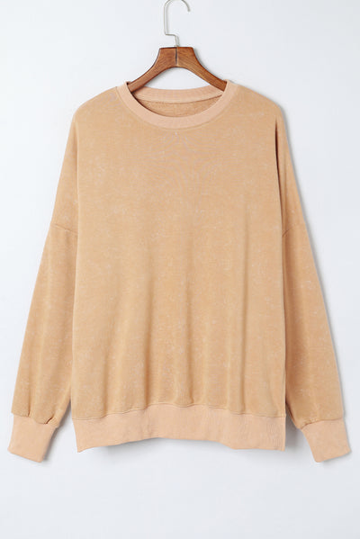 Khaki Drop Shoulder Ribbed Trim Oversized Sweatshirt-Tops-MomFashion