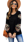 Black Floral Embroidery Long Sleeve Top-Tops-MomFashion