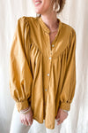 Yellow Puff Sleeve Pleated Loose Shirt-Tops-MomFashion