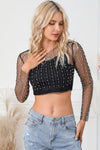 Black Pearl and Rhinestone Detail Sheer Mesh Top-Tops-MomFashion