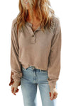 Apricot Button Split Neck Retro Patchwork Long Sleeve Top-Tops-MomFashion