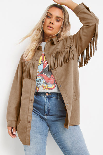 Khaki Fringe Trim Plus Size Suede Shacket-Plus Size-MomFashion