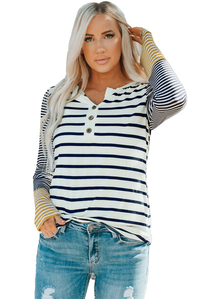 Long Sleeve Stripe Button Henley Top-Tops-MomFashion