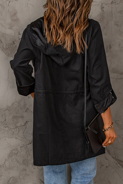 Black Drawstring Turndown Collar Hooded Outerwear-Outerwear-MomFashion