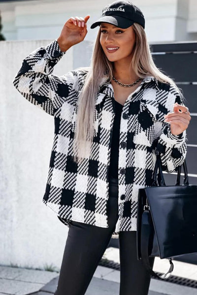 Black Plaid Textured Flap Pocket Shacket-Outerwear-MomFashion