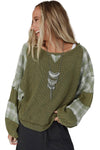 Green Plaid Patch Waffle Knit Exposed Seam Bubble Sleeve Top-Tops-MomFashion