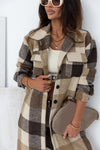 Khaki Plaid Button-Down Flap Pocket Long Shacket-Outerwear-MomFashion