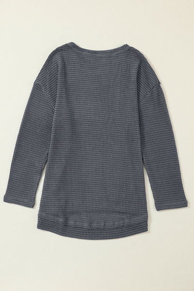 Gray Waffle Knit High Slits Oversized Top-Tops-MomFashion