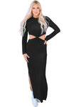 Black Ribbed Twist Cutout Long Sleeve Dress-Dresses-MomFashion