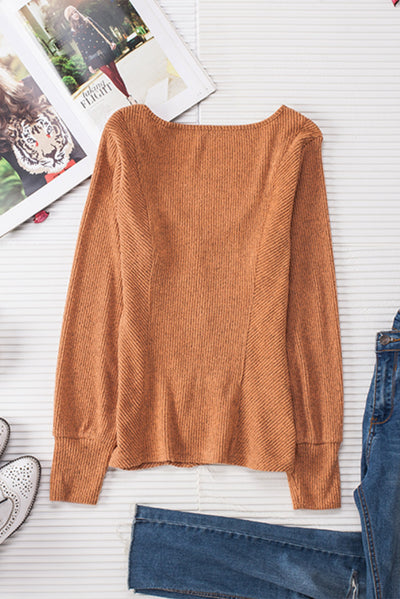 Brown U Neck Textured Long Sleeve Top-Tops-MomFashion