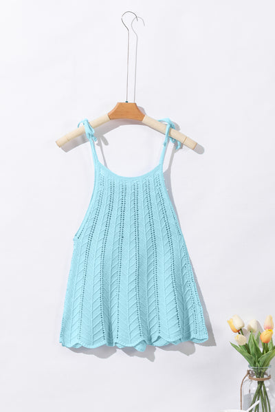 Beau Blue Tied Shoulder Pointelle Knit Tank Top-Tops-MomFashion